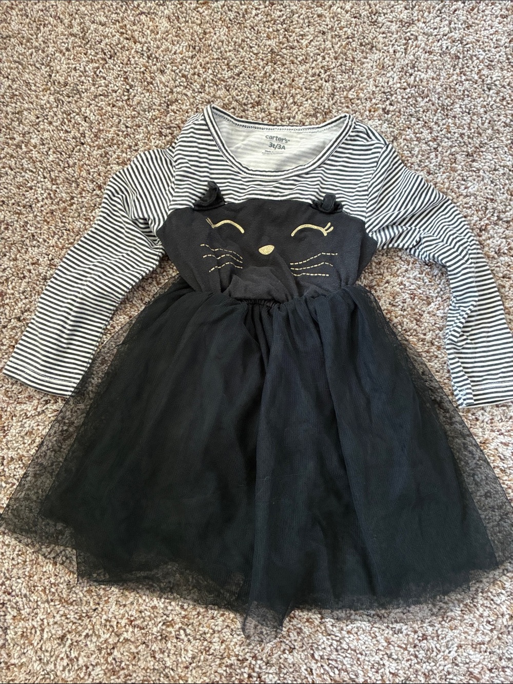 Carter's Black Cat Tulle Dress with Striped Sleeves